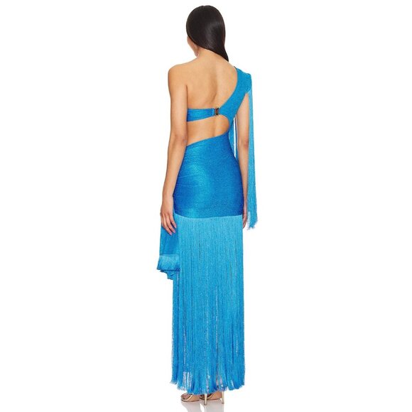 PatBO One Shoulder Fringe Maxi Dress in Cobalt Blue 2 New Womens Long Gown - Picture 2 of 16